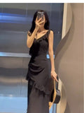 Niulatu Sheath V Neckline Ruffled Black Chiffon Beach Dress Women's Vacation Dresses SD1140