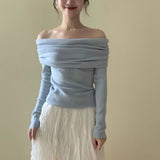 French High-Level Sense Shoulder Long-Sleeved Knitted Shirt Spring Temperament Gentle And Elegant Shoulder Chic Beautiful Little Blouse Tide HZ0108