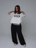 Hot Soviet Collar Knitting Top Loose Letter Striped Long-Sleeved Sweater Fashion Women's Clothing HZ0108