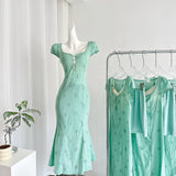 Tea Break French Puff Sleeve Hollow First Love Fishtail Dress 3-Piece Set HZ1214