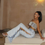 Design Sense In Hottie Hollow Jeans Women Summer Low-Waist Broad-Legged Pendant Diamond Horn Trousers Women's Clothing HZ0108