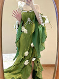 Vintage High Low Spaghetti Straps Green 16th Birthday Dress With Sleeves Lolita Dress Satin Birthday Outfits HZ1214