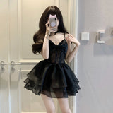 Niulatu A line Spaghetti Straps Chiffon Black Holiday Dress Birthday Dresses Birthday Outfits SD1237