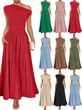 2025 Summer Slanted Shoulder Sexy Waist Solid Color Long With Pocket Dress HZ0108
