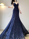 Niulatu Mermaid Spaghetti Straps Sequin Blue Prom Dress Birthday Dresses Birthday Outfits SD1162