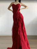 Niulatu Mermaid Spaghetti Straps Red Chiffon Ruffles Birthday Dresses Long Prom Dress SD1160