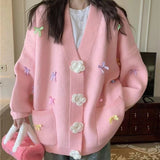 Korean Version Of V-Neck Three-Dimensional Flower Bows Fashion Knitted Jersey Autumn And Winter New Loose Lazy Sweet Sweater Woman HZ0108