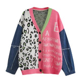 Fashion Leopard Knitted Jacket Autumn 2025 New Splicing Denim Short V-Neck Sweater Women's Coat HZ0108