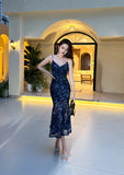Niulatu holiday floral sling dress blue mesh mermaid dress HZ1103