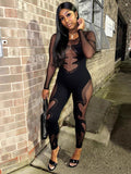 2025 New Hottie Mesh Perspective Sexy Long-Sleeved Collar Lace Jumpsuit HZ0108