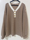 TK2025 New Lady V-Neck Button Casing Splicing Casual Long-Sleeved Color T-Shirt HZ0108