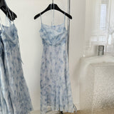 Blue summer romance song neck halter design goddess dress long and short chiffon dress for women HZ1214