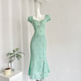 Tea Break French Puff Sleeve Hollow First Love Fishtail Dress 3-Piece Set HZ1214