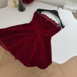 Sexy A line Strapless Summer Burgundy Velvet Dress Holiday Party Outfits For Women HZ1214