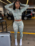 2025 New Fashion Print Long-Sleeved Umbilly Zip Open Shirt Trousers Two-Piece HZ0108
