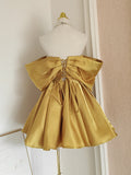Niulatu A line Off The Shoulder Yellow Satin Travel Vacation Dresses Short Birthday Dress SD1249