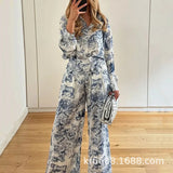 Spring Women's Dress 2025 Temperament New Casual Print V-Neck Shirt Broad Leg Pants Women's Suit HZ0108