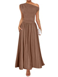 2025 Summer Slanted Shoulder Sexy Waist Solid Color Long With Pocket Dress HZ0108