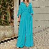 2025 Large-Size Women's Clothing In Broad-Legged Solid Color V-Neck Simple Fashion Jumpsuit HZ0108