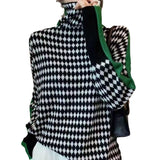 European Goods Retro Lattice Thighs Turtleneck Sweater Women's Autumn And Winter Languid Jackets With Thin Inner Knitting Shirt HZ0108