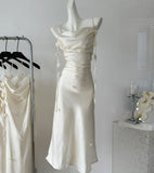 Cute A line Spaghetti Straps Champagne Floral Long Satin Summer Dress For Women HZ1214