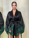 Lady Sexy Lace Spliced With Ribbon Bathrobe Home Long-Sleeved With Pajamas Loose Coat HZ0108