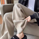 New Pit Strip Design Feels Tight Waist Knitted Wide Leg Trousers Girl High-Waist Solid Color Knitting Women's Trousers HZ0108