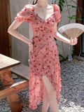 Niulatu Sheath V Neckline Ruffled Pink Chiffon Floral Beach Dress Women's Vacation Dresses SD1138