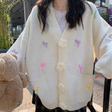 Korean Version Of V-Neck Three-Dimensional Flower Bows Fashion Knitted Jersey Autumn And Winter New Loose Lazy Sweet Sweater Woman HZ0108
