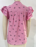 2025 Summer New V-Neck Multi-Layer Lotus Leaf Sleeve Sweet Print Lady Shirt HZ0108
