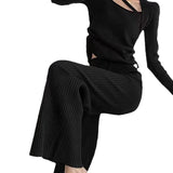 Lazy Pit Strip White Knitted Broad Leg Pants Women Autumn And Winter High Waist Hanging Straight Barrel Loose Leisure Drag Trousers Thickened HZ0108