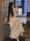 Niulatu A line Spaghetti Straps Lace White Chiffon Beach Dress Women's Vacation Dresses SD1142