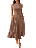 2025 Summer Slanted Shoulder Sexy Waist Solid Color Long With Pocket Dress HZ0108