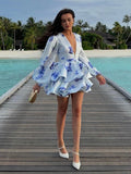 Summer Holiday Breeze Floral Dress Women's A-Shaped Dress Deep V-Neck Bubble Sleeves Slimmed Back Thin Babes HZ0108