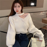 Hanging Neck Knitted Shirt Women 2025 Spring And Autumn Design Small Fried Street Lantern Sleeve Sweater Pure Lusty Dew Shoulder Coat HZ0108