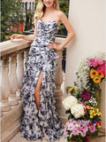 Niulatu Strapless Chiffon Print Floral Layered Evening Dress Slit Prom Dress HZ1007