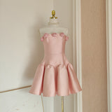 Niulatu A line Strapless Pink Satin Travel Vacation Dresses Short Birthday Dress SD1247