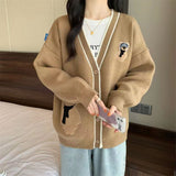 Crash V-Neck Embroidered Bear Knitted Cardigan Women's Autumn And Winter New College Style Loose Lazy Sweater Jacket HZ0108