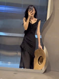Niulatu Sheath V Neckline Ruffled Black Chiffon Beach Dress Women's Vacation Dresses SD1140