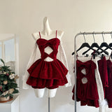 Cute Spaghetti Straps Red Ruffles Velvet Summer Dress 3 Pieces Holiday Party Outfits For Women HZ1214