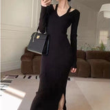 Autumn/Winter 2025 New French Style With Coat Knitted Dress Women With Body V-Neck Bottomed And Left HZ0108