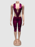 2025 New Women's Sexy Deep V Ice Silk Hanging Back Tight Five-Point Trousers Two Sets HZ0108
