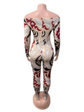 2025 Summer Sexy Hot Girl Print A Word Shoulder Tight Waist Raised Hip Print Conjoined Trousers HZ0108