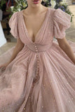 Niulatu Sequins V Neck Pink Tea Length Prom Dress, V Neck Pink Homecoming Dress, Pink Formal Evening Dress HZ0113