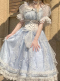 Sweet A line Blue Lace Tulle Short Sleeves 16th Birthday Dress Lolita Dresses Summer Birthday Outfits HZ1214