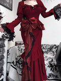 Vintage Mermaid Sweetheart Long Sleeves Burgundy Black Lace Summer 18th Birthday Dress Lolita Dress Birthday Outfits HZ1214