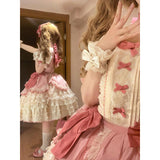 Sweet Ball Gown Square Neck Short Sleeves Gothic Pink Lace 16th Birthday Dress Lolita Dress Birthday Outfits HZ1214