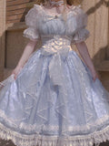 Sweet A line Blue Lace Tulle Short Sleeves 16th Birthday Dress Lolita Dresses Summer Birthday Outfits HZ1214