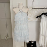 Sexy A line Halter Blue Tulle Min Summer Dress Holiday Party Homecoming Dress Birthday Outfits For Teens HZ1214