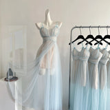 Sexy A Line Spaghetti Straps Blue Tulle Summer Dress Holiday Party Birthday Outfits For Teens HZ1214